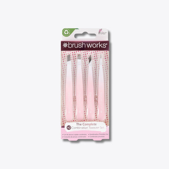 Brushworks 4 Piece Combination Tweezer Set - White & Pink