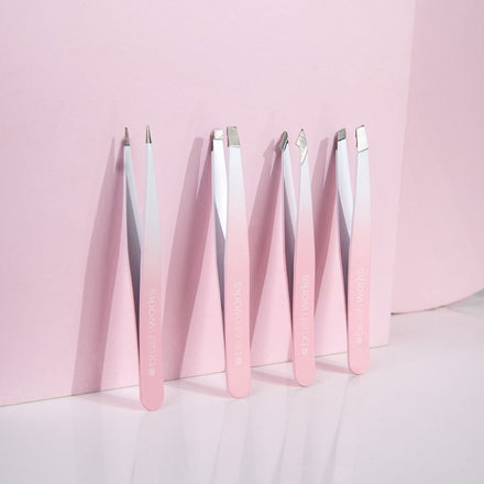 Brushworks 4 Piece Combination Tweezer Set - White & Pink