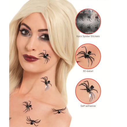 Smiffys Make-Up FX 3D Spider Stickers-Black