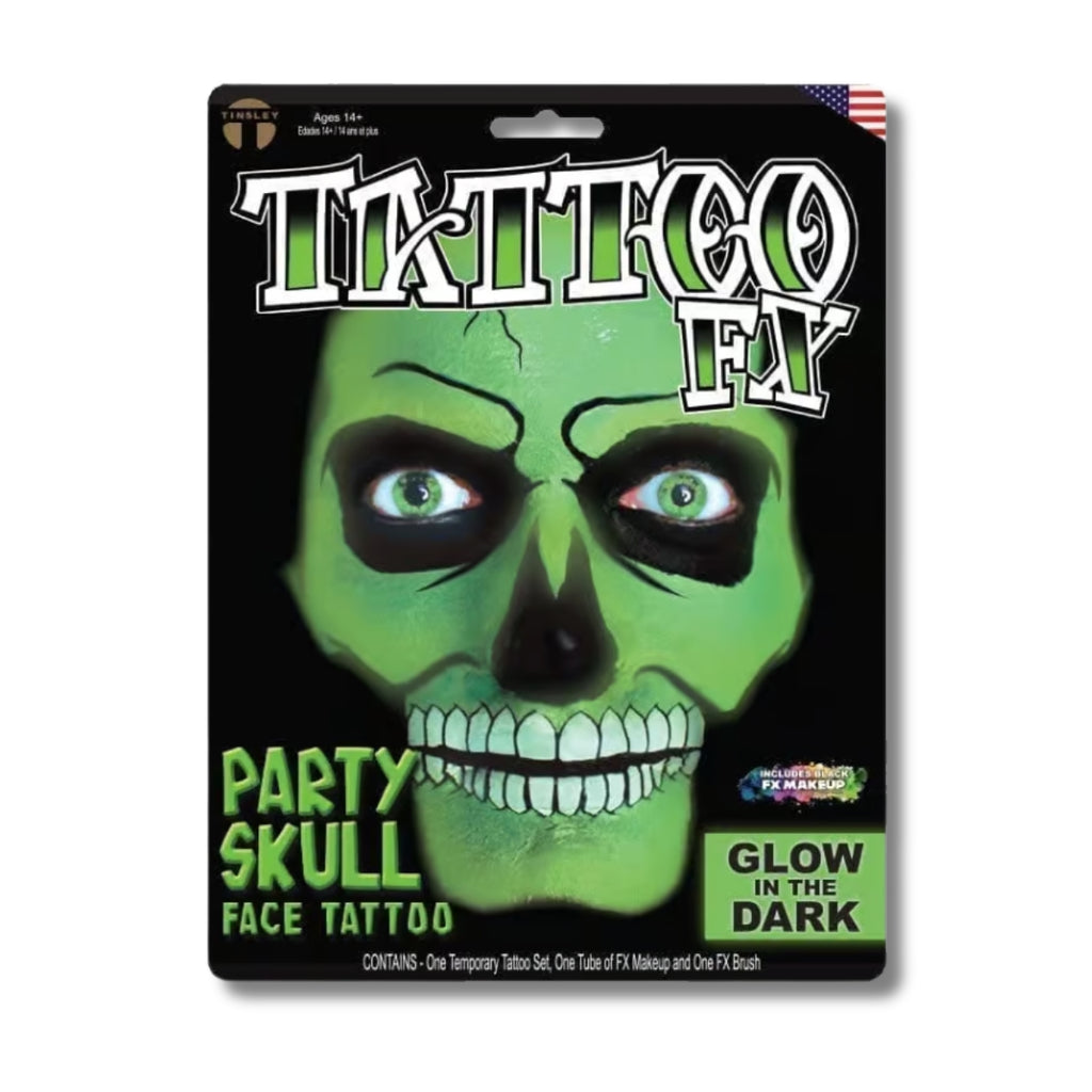 Tinsley Transfers Party Skull Face Glow in the Dark Tattoo FX