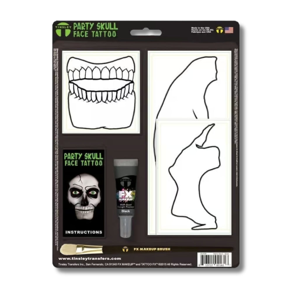 Tinsley Transfers Party Skull Face Glow in the Dark Tattoo FX