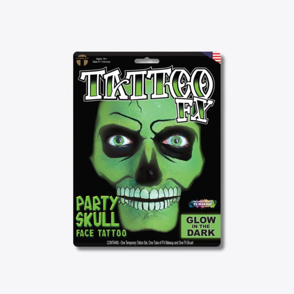 Tinsley Transfers Party Skull Face Glow in the Dark Tattoo FX